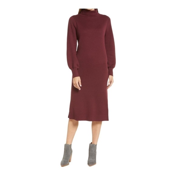 caslon Double Knit Long Sleeve Turtleneck Sweater Dress in wine color - Picture 1 of 14